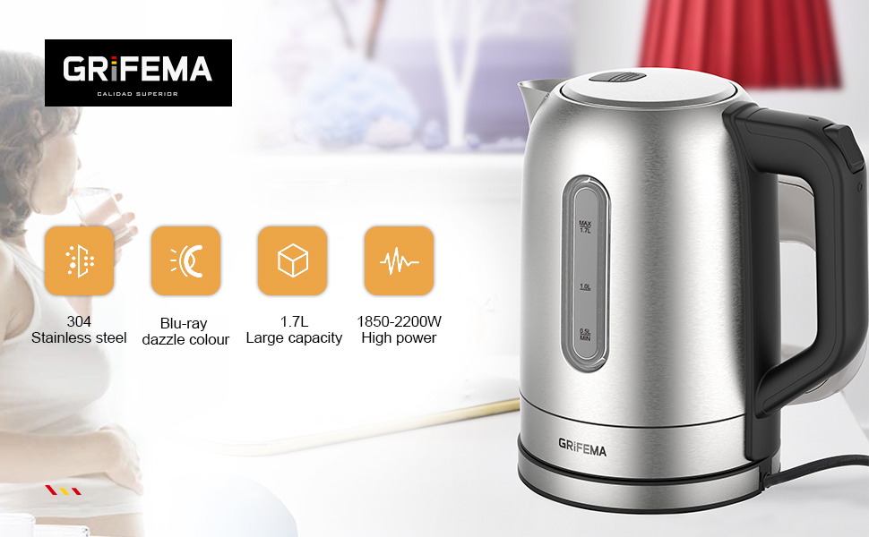 Електричний чайник GRIFEMA 0.8L, 1100W з фільтром від накипу, тихий, швидкий, без BPA, для подорожей, автоматичне відключення, захист від перегріву, білий (нержавіюча сталь 1.7L)