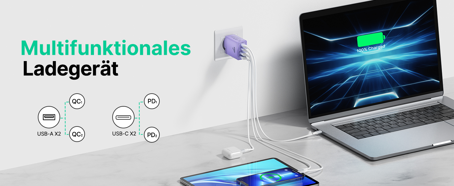 Зарядний пристрій USB-C 40W, 4 порти, швидка зарядка PD 3.0 для iPhone 14 Pro Max, iPad, Samsung та інших смартфонів, фіолетовий