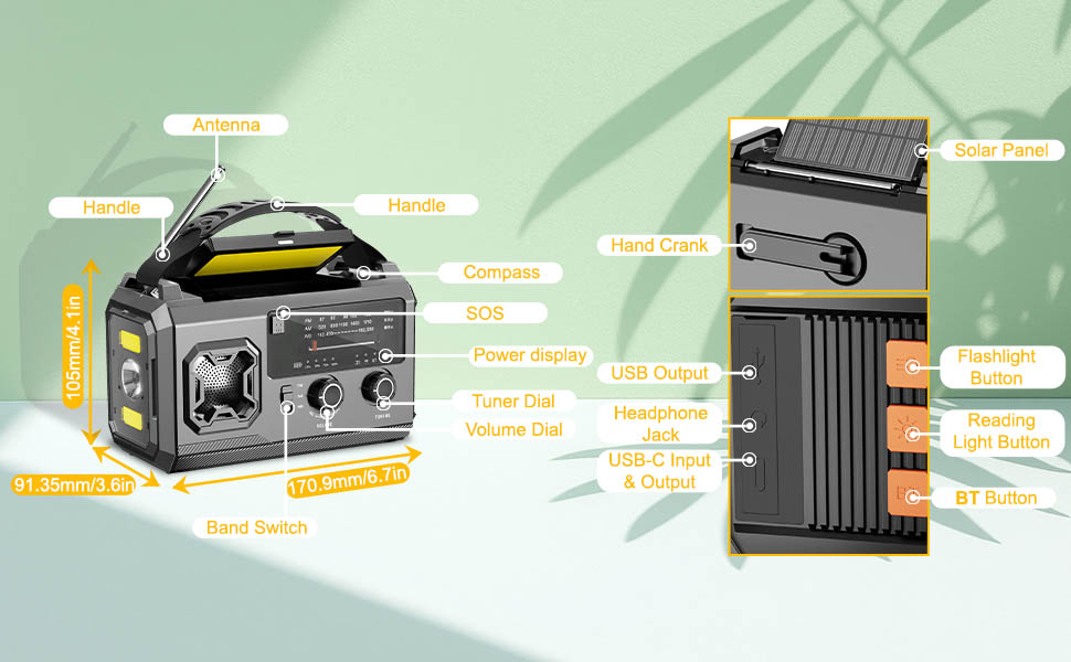 Радіо Kurbelradio на сонячній батареї 27000mAh з Bluetooth, FM/AM, SOS-сигналом, ліхтариком та компасом для кемпінгу та надзвичайних ситуацій, армійсько-зелений колір