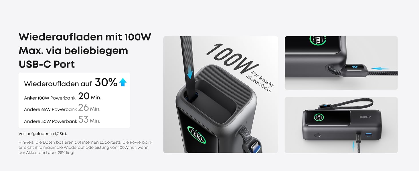 Powerbank Anker 25000mAh 165W з USB-C, 3 порти USB-C (100W), вбудований кабель, для iPhone, MacBook, Samsung та інших пристроїв (Чорний)