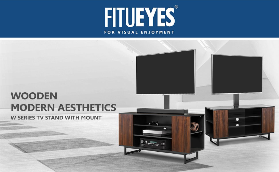FITUEYES TV Stand with Mount - Wood TV Console for TVs 32-70 inch, Adjustable Height, Swivel ±25°, Up to 40kg, Max.VESA 600x400