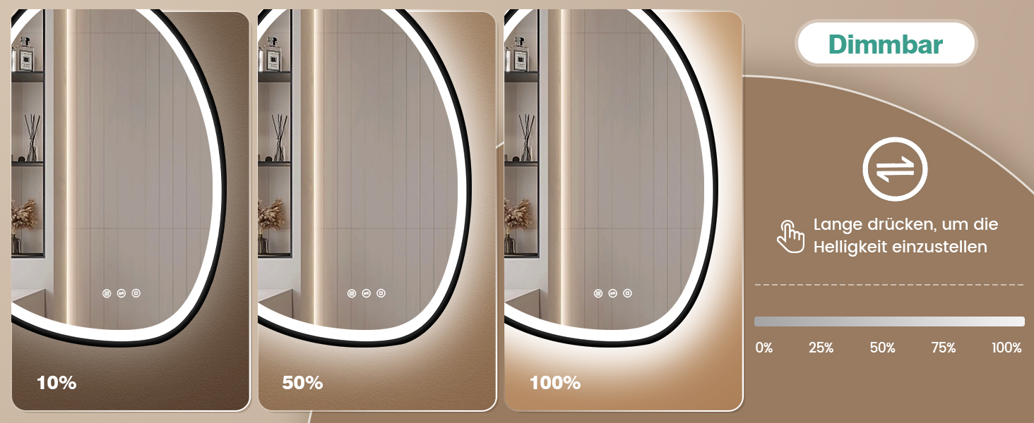 Дзеркало з підсвіткою, асиметричне LED, 75x55 см, з сенсорним вимикачем, антизапар, 3 кольори світла, регулювання яскравості, функція пам'яті, чорний (горизонтальне/вертикальне)