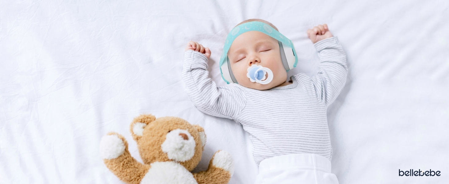 Захист вух для немовлят BELLEBEBE - 0-36 місяців, гіпоалергенний, BPA-free, сертифікований EN352-1, RoHS, CPC, регульоване наголов'я, сумка для перенесення (Азуль)