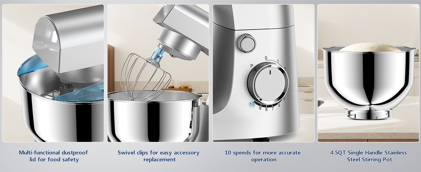 Міксер тістовий Vezzio Knetmaschine 1500W, 4.5л, 10 швидкостей, з набором насадок (зелений, срібний)