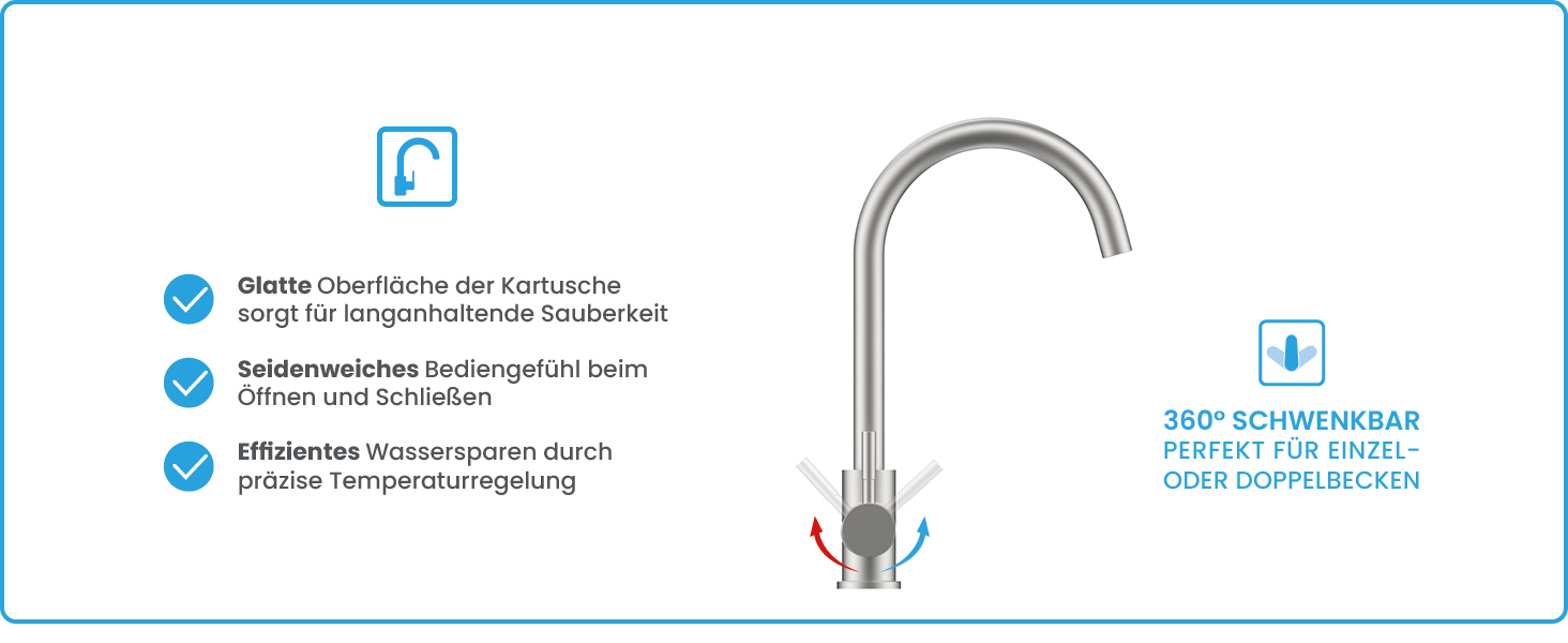Кухонний змішувач Bächlein Plivo з нержавіючої сталі (щіткова обробка) – одноручний з 360° поворотним виливом, масивний кухонний кран (круглий, хром)