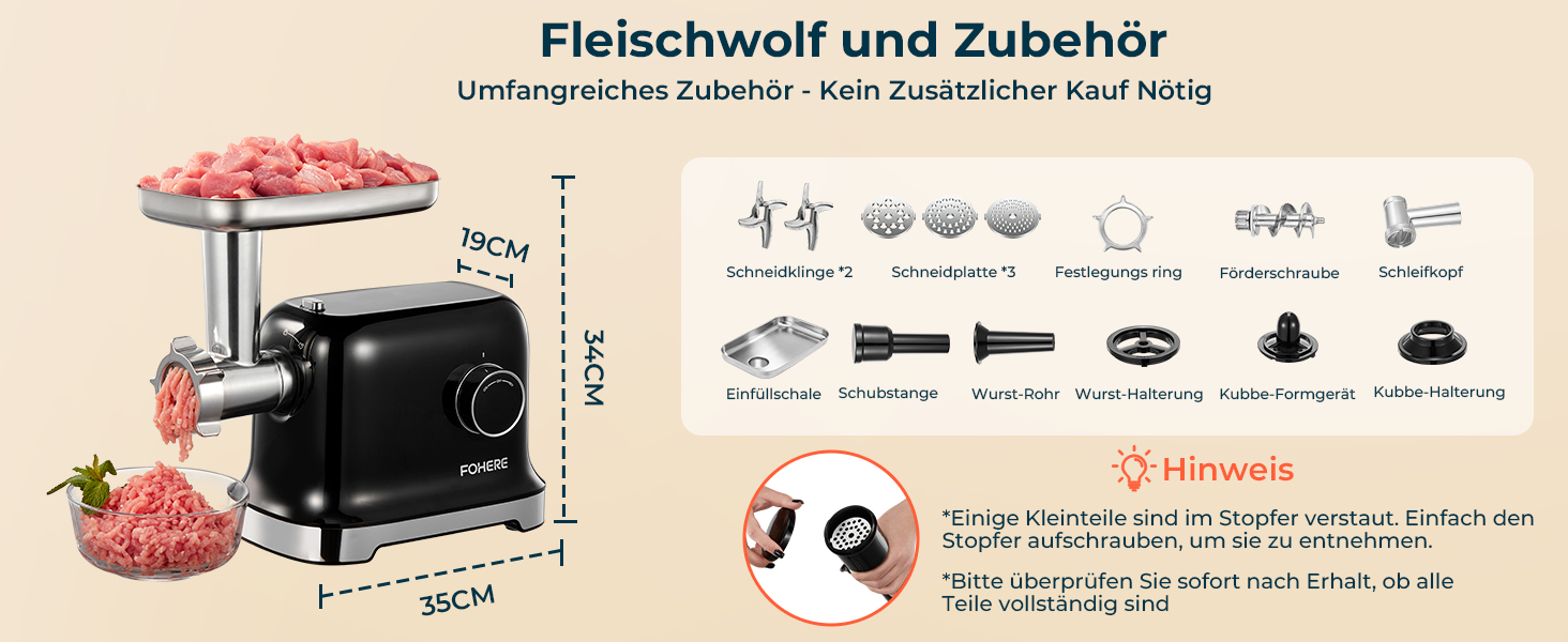 М'ясорубка електрична Fohere 2000 Вт з насадками для ковбас та кубів, 3 диски (7/5/3 мм), чорна