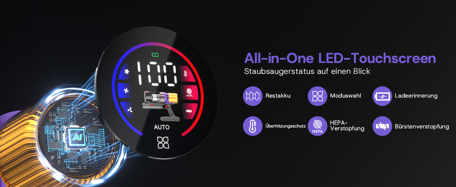 Бездротовий акумуляторний пилосос V16 600W з LED-дисплеєм та автоматичним режимом. Підходить для твердих підлог, килимів та видалення шерсті тварин.