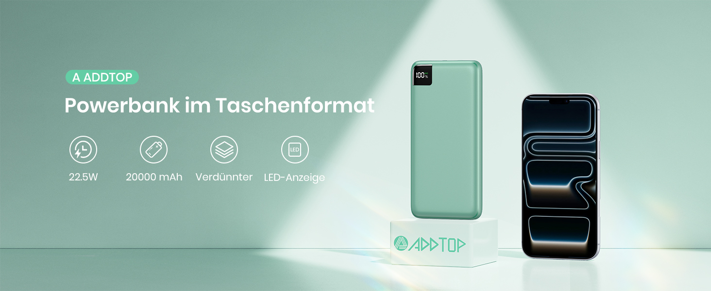 Power Bank A ADDTOP 20000mAh 22.5W: Зовнішній акумулятор для телефону з USB-C, портативний зарядний пристрій 4-в-1, зелений