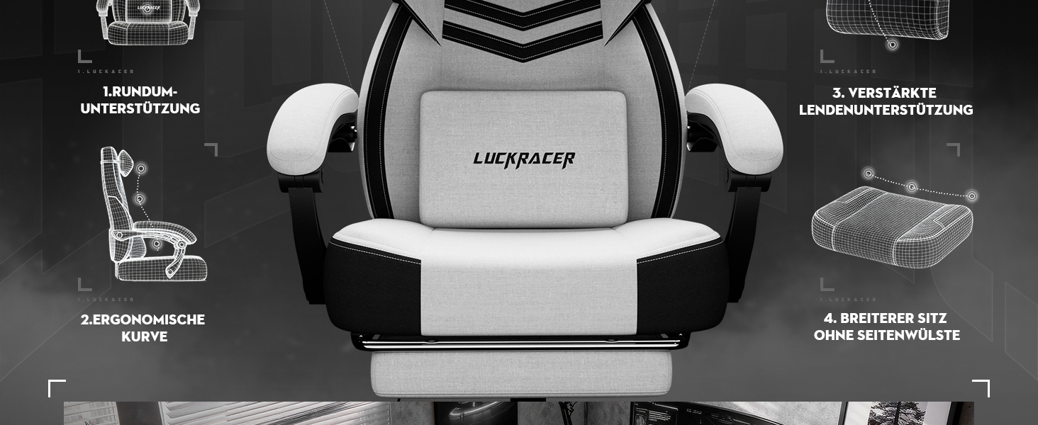 Ігрове крісло LUCKRACER для комп'ютера та офісу, з підставкою для ніг, подушкою з ефектом пам'яті, кутом нахилу 90–155° та міцною тканиною, витримує до 150 кг (Біле, Тканина)