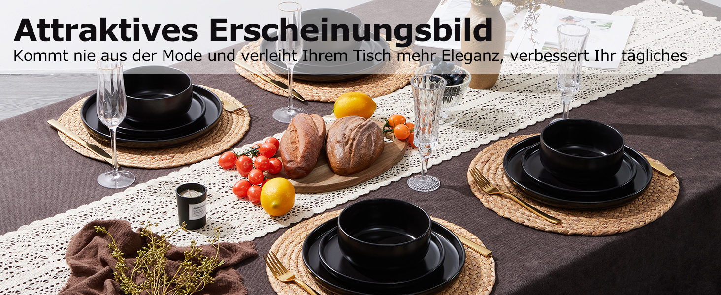 Набір посуду Onader на 6 осіб: 18-ти частинний сервіз з каменю, 6 тарілок, десертних тарілок, мисок, стійкий до миття в посудомийній машині та подряпин (Класичний чорний)