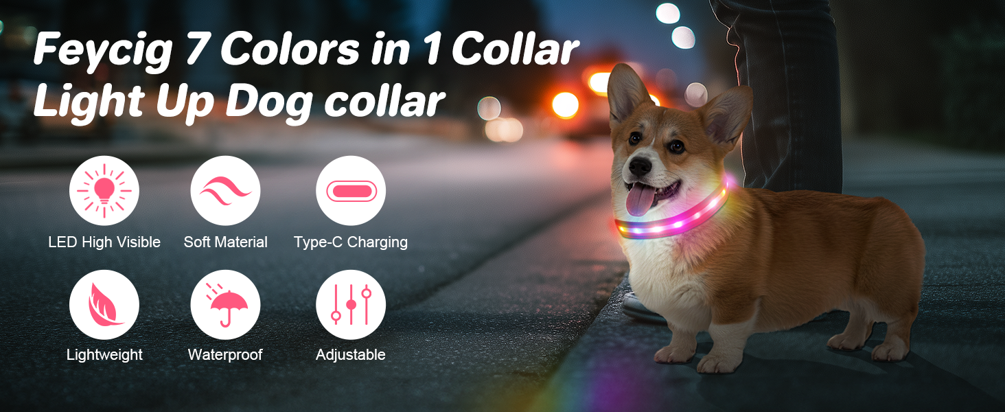Світлодіодне нашийник для собак Feycig - USB, водонепроникний, 3 режими, регульований, для малих, середніх та великих собак (Рожевий, L(48-60см))
