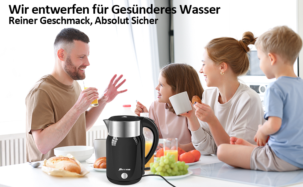 Navie Mobi Stainless Steel Electric Kettle - 1.8L, 2200W Fast Boil, BPA Free, Double Wall, Drip-Free, Auto Shutoff, Quiet & Cordless, SGS Certified, Turquoise Green (Black)