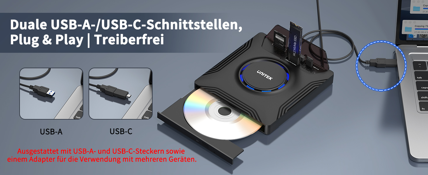 Зовнішній CD/DVD привід UNITEK USB-C, портативний DVD-плеєр з картридером SD, USB 3.0 Hub та CD-ROM записником для ноутбуків, ПК, Windows, Linux, macOS (чорний)