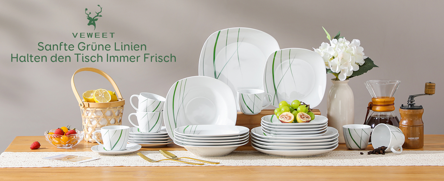 VEWEET Сервіз столовий 'Aviva' з порцеляни, 60 предметів | Комплектний сервіз для 4-12 осіб: тарілки, супові тарілки, десертні тарілки, чашки та блюдця | Комплектний сервіз на 60 предметів