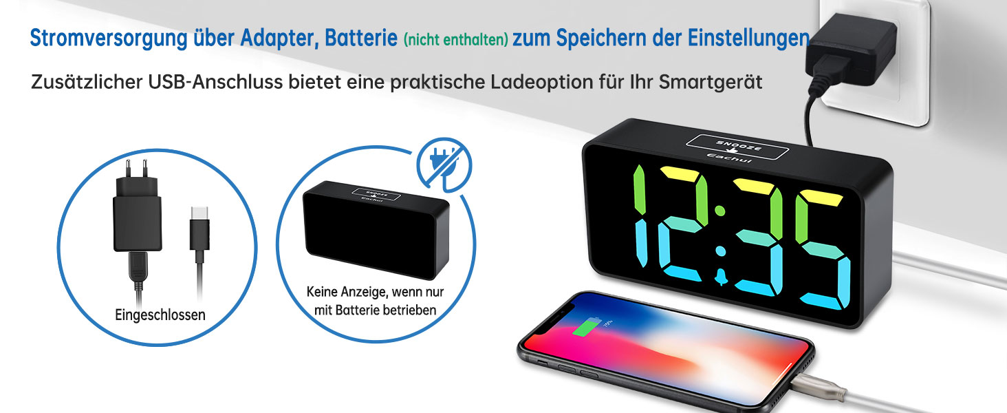 LED-годинник Eachui з USB-зарядкою, великий дисплей, регулювання яскравості та гучності, функція повтору, 12/24 год, цифровий годинник, живлення від мережі (чорний & білий)