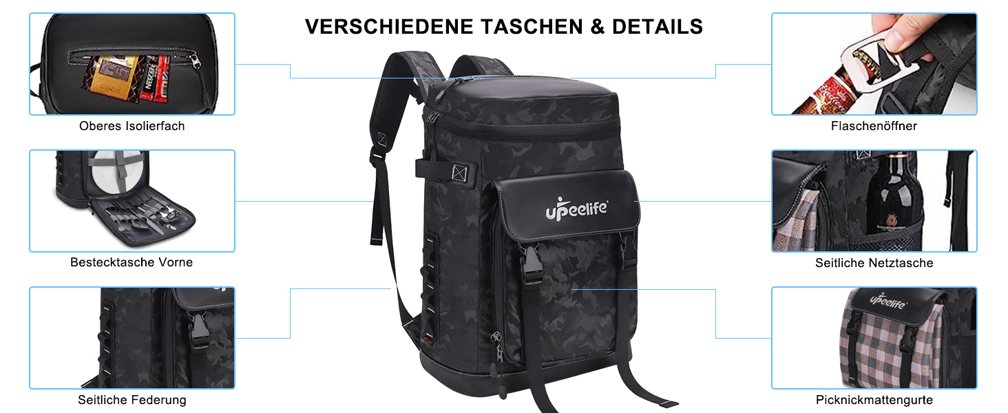 Рюкзак-холодильник Upeelife 30L з підкладкою для пікніка, чорний камуфляж, для кемпінгу та пікніків