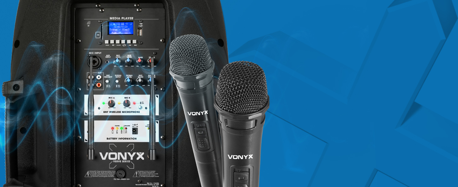 Vonyx Verve46 - портативна акустична система для вечірок, Bluetooth, 1000W, 2 мікрофони UHF, MP3, з пультом ДУ, чорний