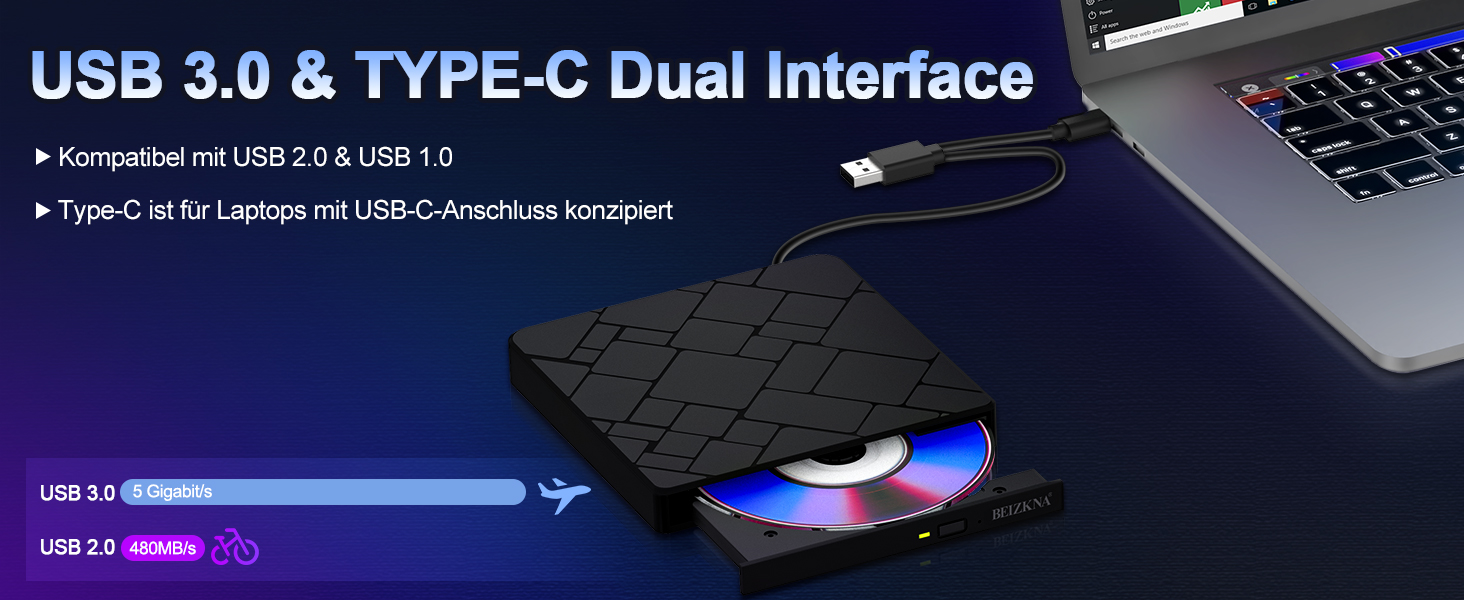 Зовнішній USB 3.0 та USB-C CD/DVD привід-записувач Beizkna, портативний DVD-бренер для ноутбука, ПК, MacBook та iMac, сумісний з Windows 11/10/8/7, Linux та macOS, чорний