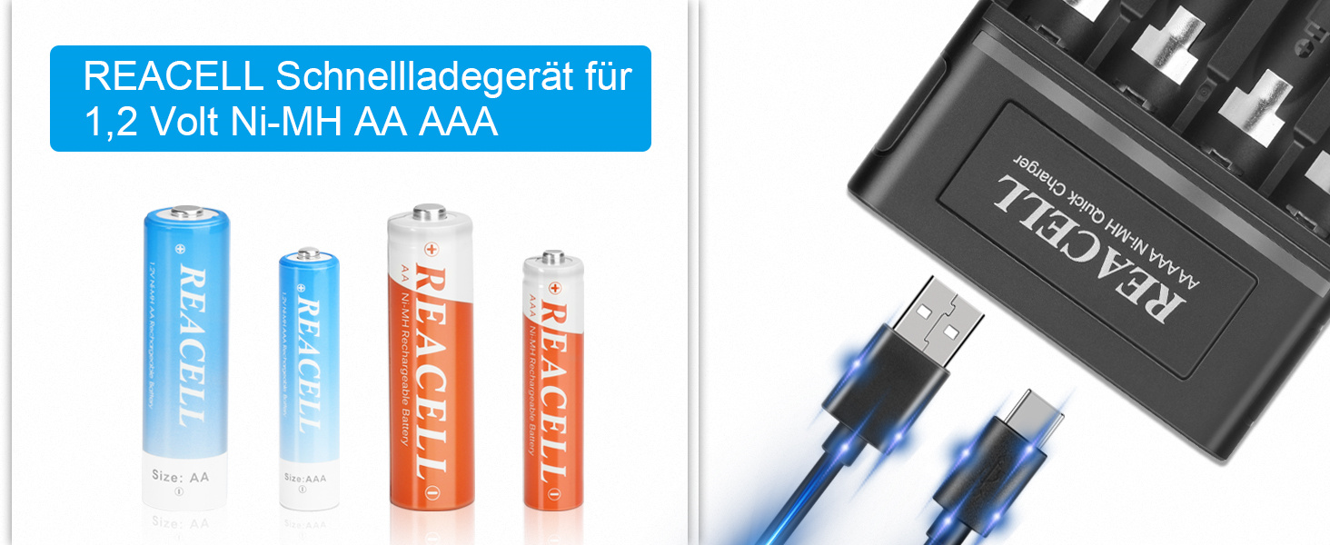 Зарядний пристрій для акумуляторів AA/AAA NiMH, LED дисплей, USB Type-C та Micro USB, швидка зарядка