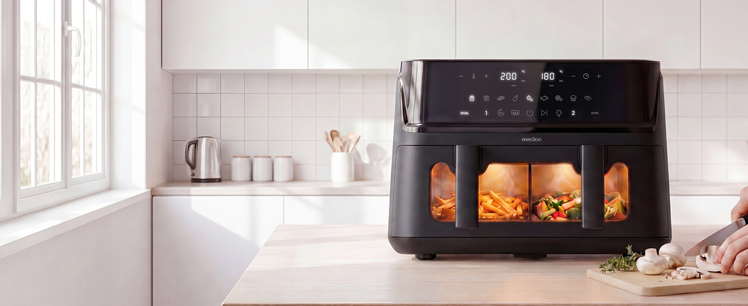Аерофритюрниця з двома камерами MEDION P25 XXL Flex M, 10.8 л, без PFAS, чорна