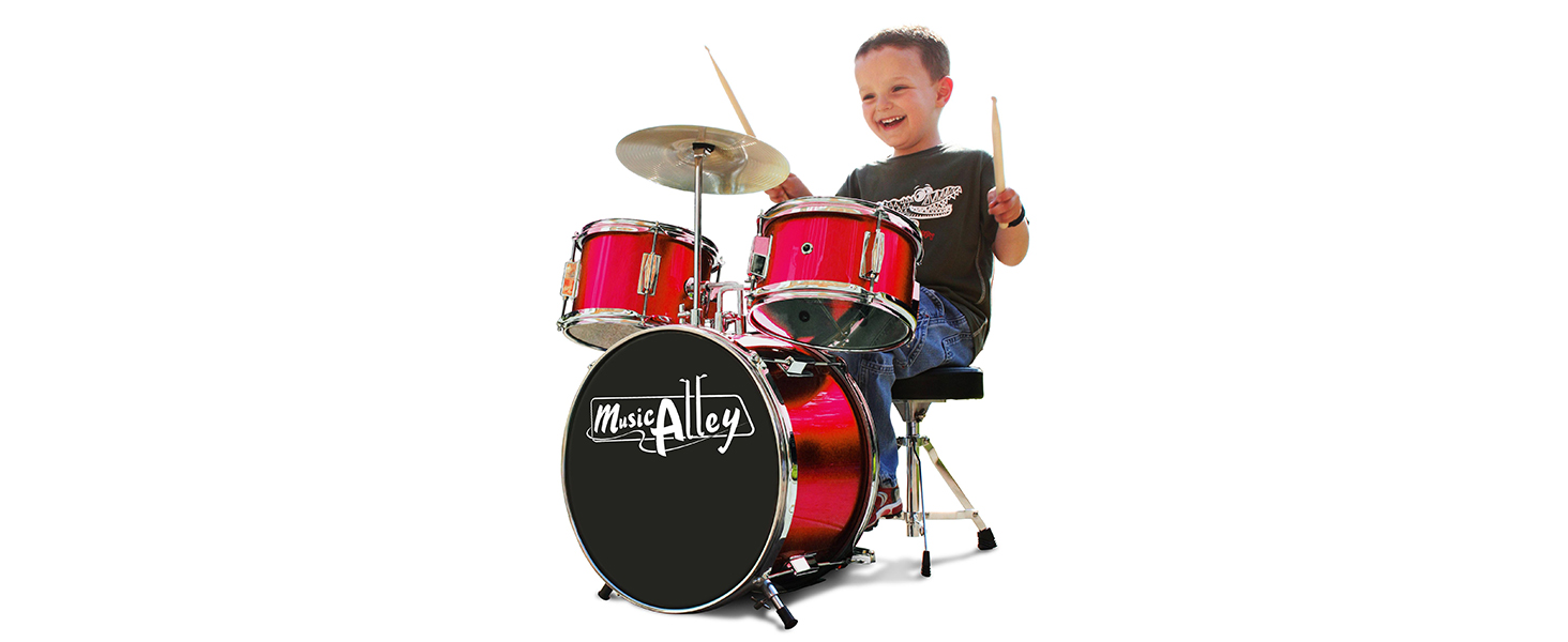 Дитячий барабанний комплект Music Alley Junior - червоний (з педаллю, стільчиком та паличками)