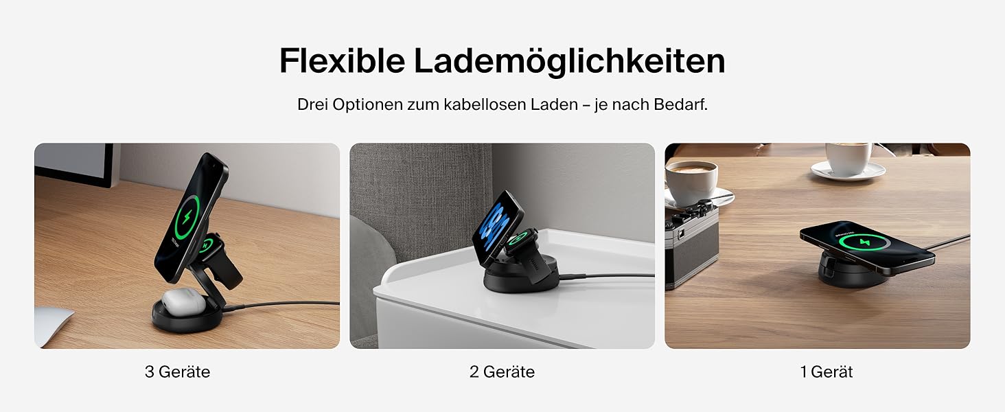 Белкін BoostCharge 3-в-1: Індукційна зарядна станція з Qi2, 15W, MagSafe, для iPhone, Apple Watch, AirPods, з блоком живлення 30W – Чорний