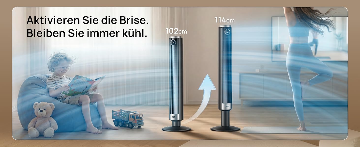 Вентилятор вежовий DREO Smart 102-114 см для спальні, з регулюванням висоти, 9 швидкостей, 4 режими, 90° осциляція, тихий (20 дБ), таймер 12 год, чорний