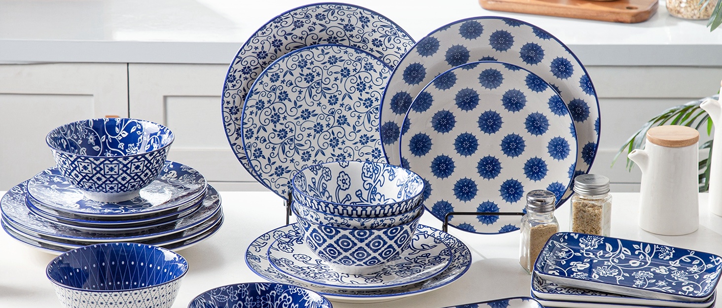 Набір супових тарілок з кераміки (6 шт.) - 709 мл, глибокі миски для каші, салату, пасти, десерту - кераміка, блакитний вінтаж