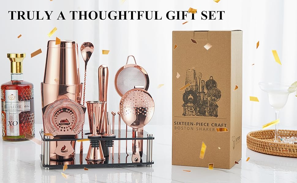 Набір шейкерів Boston - 16 предметів, нержавіюча сталь, рожеве золото, з акриловою основою, сито, щипці для льоду, барна ложка, мірний стакан, мадлер, виливач для пляшок та коктейльні шпажки