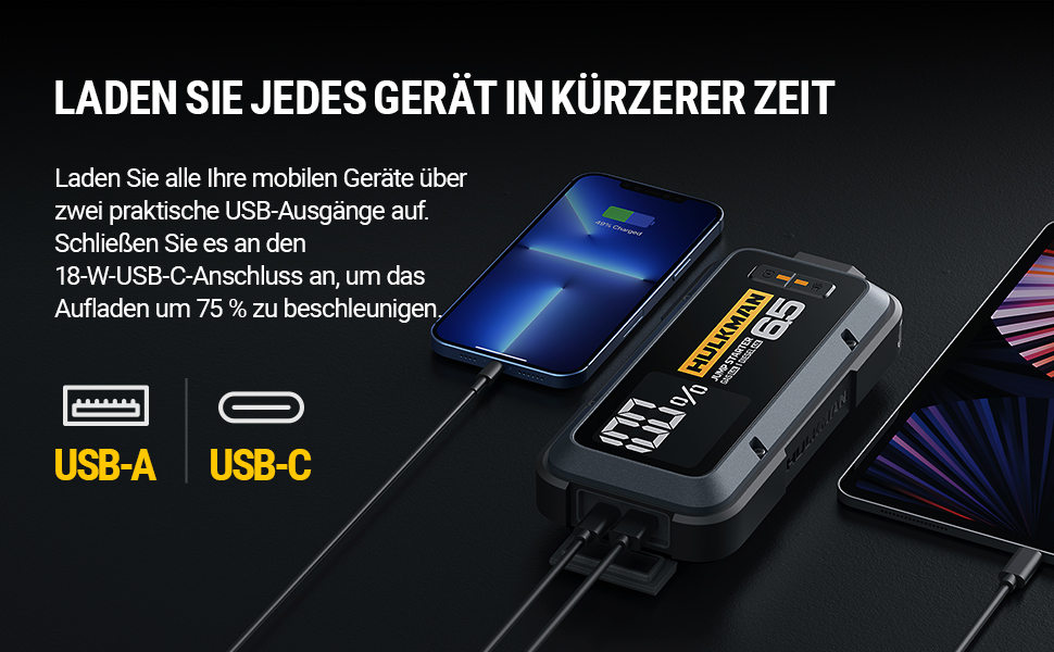 Портативний пусковий пристрій HULKMAN Alpha 65: 1200A, 12000mAh, для бензинових та дизельних двигунів (до 6,5L/4,0L), з функцією Boost, 12V, Lithium, Space Gray