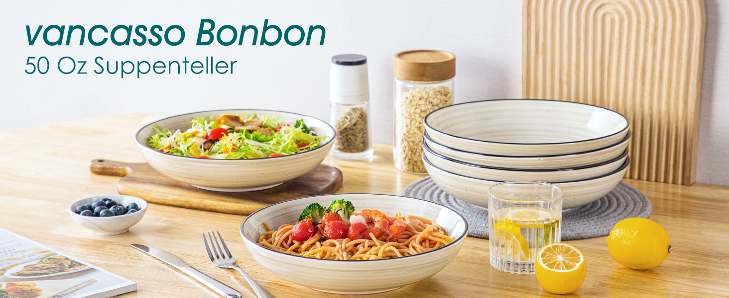 Набір супових тарілок Vancasso Bonbon (6 шт.), супові миски з кераміки, об'єм 1500 мл, глибокі, для пасти, салатів, підходить для миття в посудомийній машині та використання в мікрохвильовій печі, бежевий