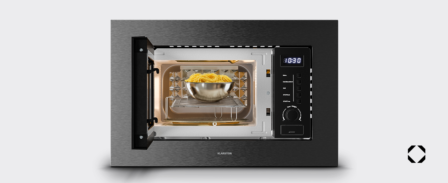 Мікрохвильова піч Klarstein Verosteel Einbaumikrowelle 60 см з грилем – 20L, 700W, 8 програм, сенсорне керування, нержавіюча сталь, функція розморожування, LED-підсвічування, чорна нержавіюча сталь