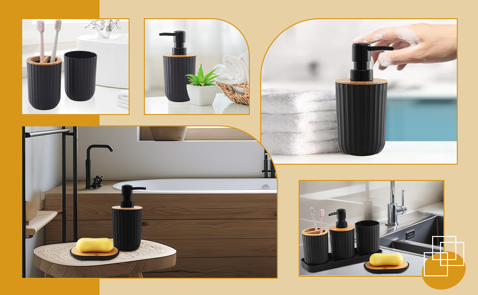 Чорний набір аксесуарів для ванної кімнати (5 шт.): мильниця, стакан, дозатор мила, тримач для зубних щіток, пластик