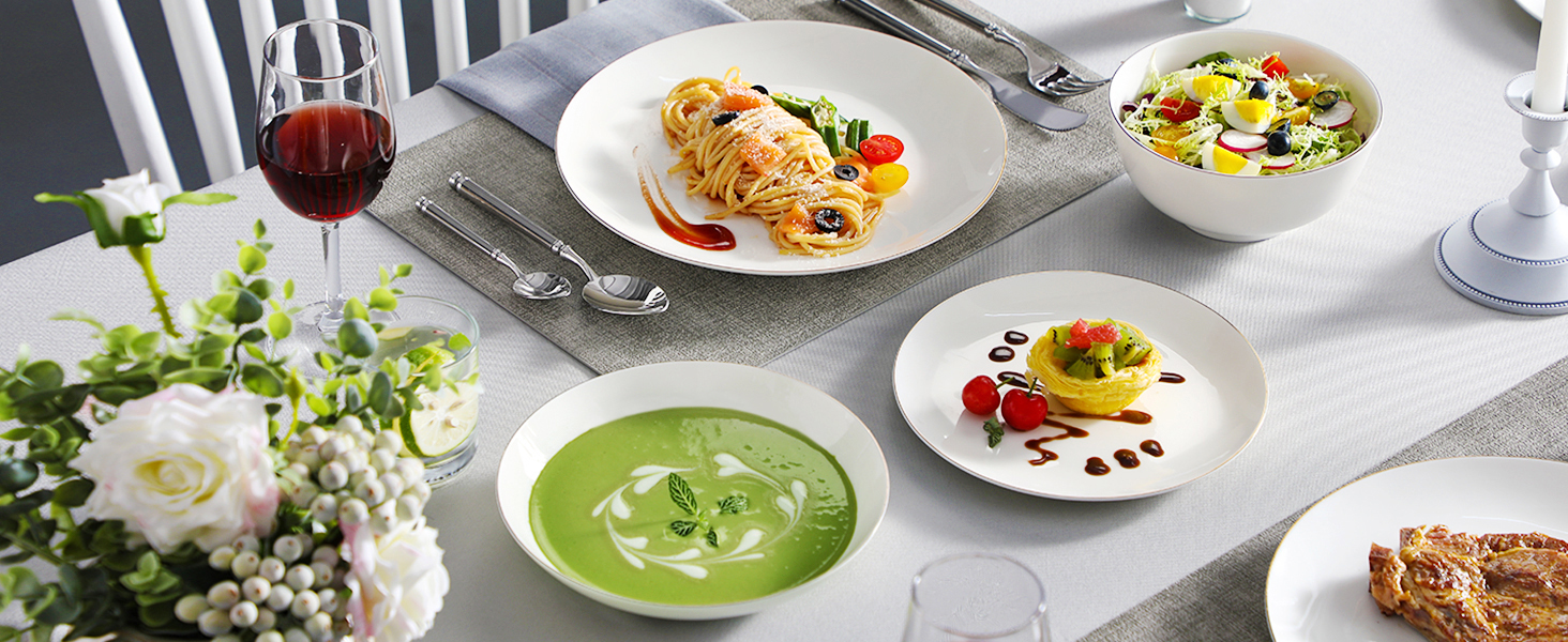 MALACASA Набір посуду 12 предметів для 4 осіб з кісткового фарфору, сучасний сервіз кремово-білого кольору, стійкий до подряпин, підходить для миття в посудомийній машині та для мікрохвильової печі, серія JERA Jera Білий 12 предметний набір посуду для 4 (Nori Золотий кант, 16-ти предметний набір посуду для 4)