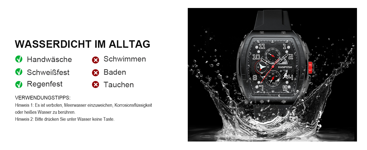 HANPOSH Чоловічий годинник: аналоговий кварцовий годинник з водозахистом, спортивний стиль, тактичний дизайн (чорний)