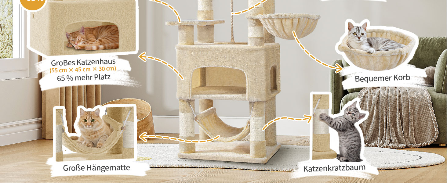 Кігтеточка для котів Hzuaneri 176 см, XL, 3 платформи, 2 печери, 7 стовпчиків, гамак, плюшеві кульки, для багатокотових домівок, MS17618SG (Бежевий)