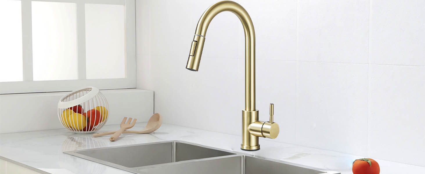 Кухонний змішувач з двома виливами, поворотний на 360°, з високим виливом та спіральною голкою, з нержавіючої сталі (золотий)