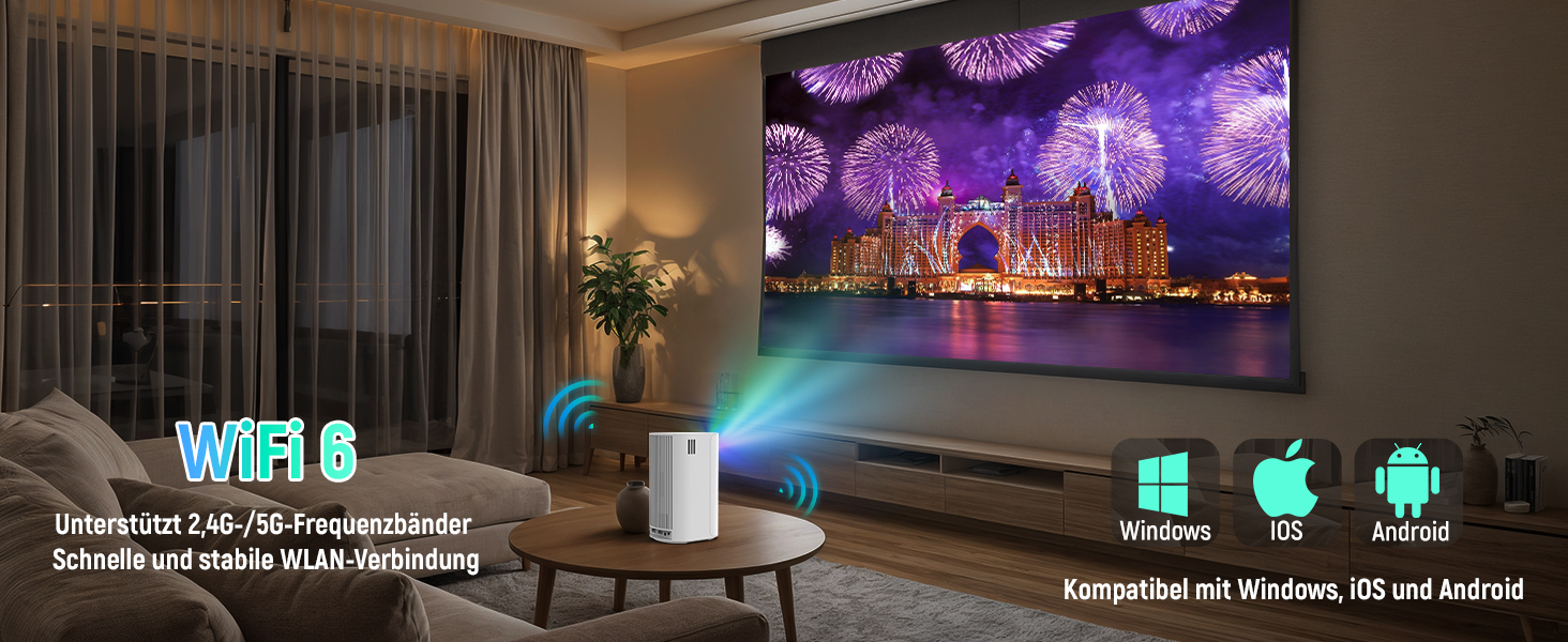 Портативний проєктор Mini Beamer: 4K, 1080p, WiFi 6, Bluetooth 5.4, Auto Keystone, 200 дюймів, сумісний з ноутбуками, смартфонами та TV (Weiß-P6)