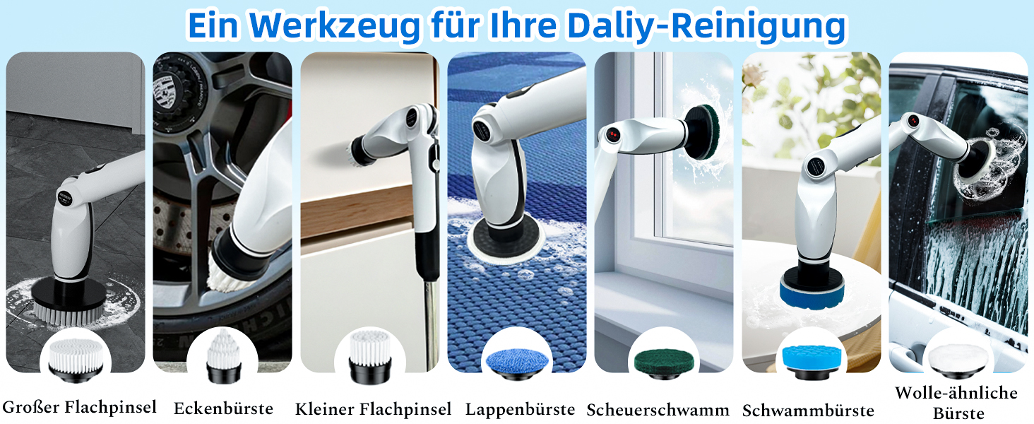 Електрична щітка для прибирання: 7 насадок, 3 довжини, 90 хв роботи, 2 режими швидкості для ванної, кухні, авто