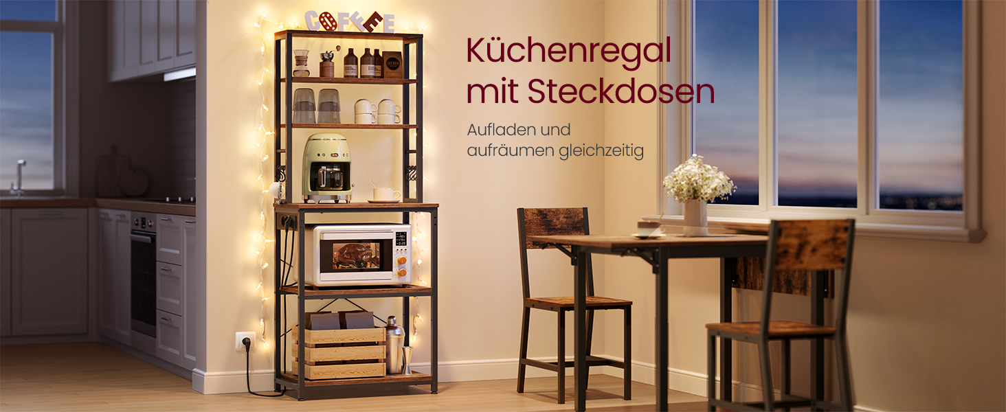 Стелаж кухонний VASAGLE з розетками, 6 полиць, гачки, сталевий каркас, 40x60x167 см, золотий дуб + білий