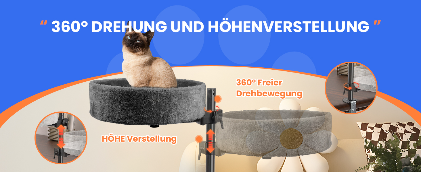 BSWAY Крісло-гніздо для кота на стіл - Покращений 360° оберт, регульована висота, без свердління. Підвищене котяче ліжко над столом. Тримає кошеня/кота близько, робочий простір чистий. Крісло-ліжко для кота на стіл, темно-сірий колір, XL розмір