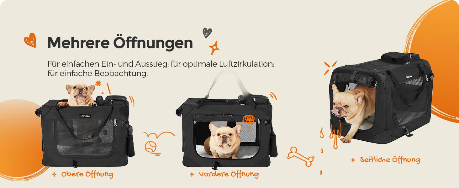 Клітка для собак Feandrea, переноска для собак, чорна, 60 x 42 x 42 см, з ручками та кишенями