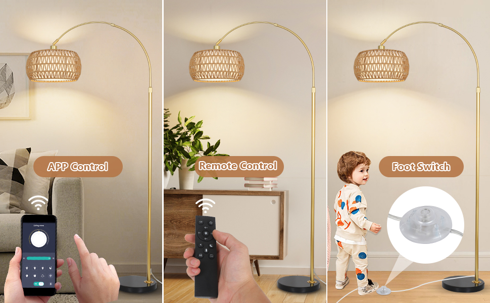 Rayofly Торшер для вітальні Bogenlampe, бохо стиль, ротанг, з пультом ДУ та LED-лампою, керування через додаток, димування, для спальні, офісу (Золотий)