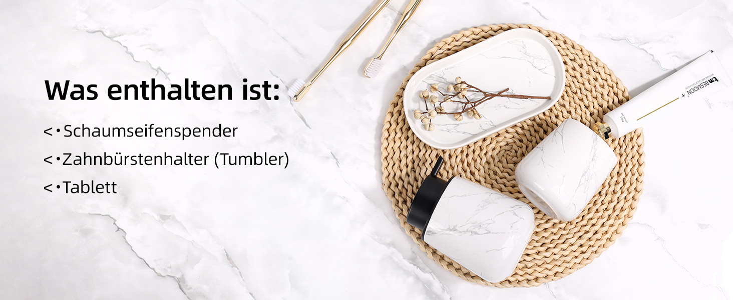 Набір аксесуарів для ванної кімнати Badezimmer Set Umlaca: мильниця, дозатор мила 350 мл, стакан для зубної пасти 320 мл, мильниця. Підходить для ванної кімнати та умивальника. Білий мармуровий дозатор мила.