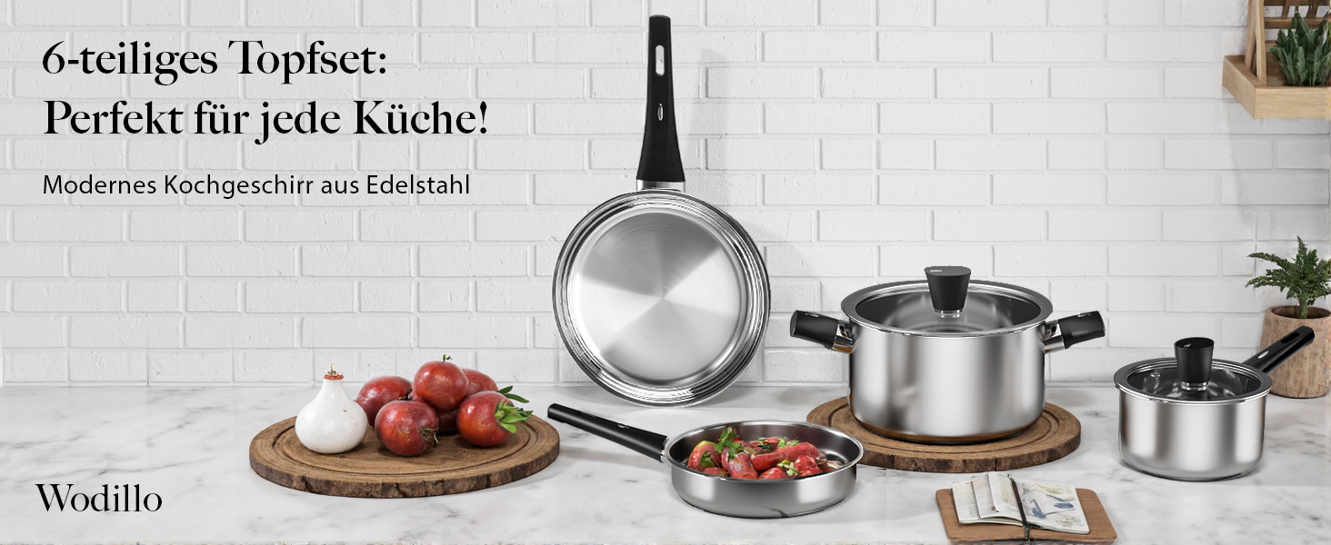 Набір каструль 6-ти частинний з нержавіючої сталі для індукційних плит, Cookware Set, без антипригарного покриття, сумісний з усіма типами плит, з кришкою та захистом від опіків, придатний для миття в посудомийній машині
