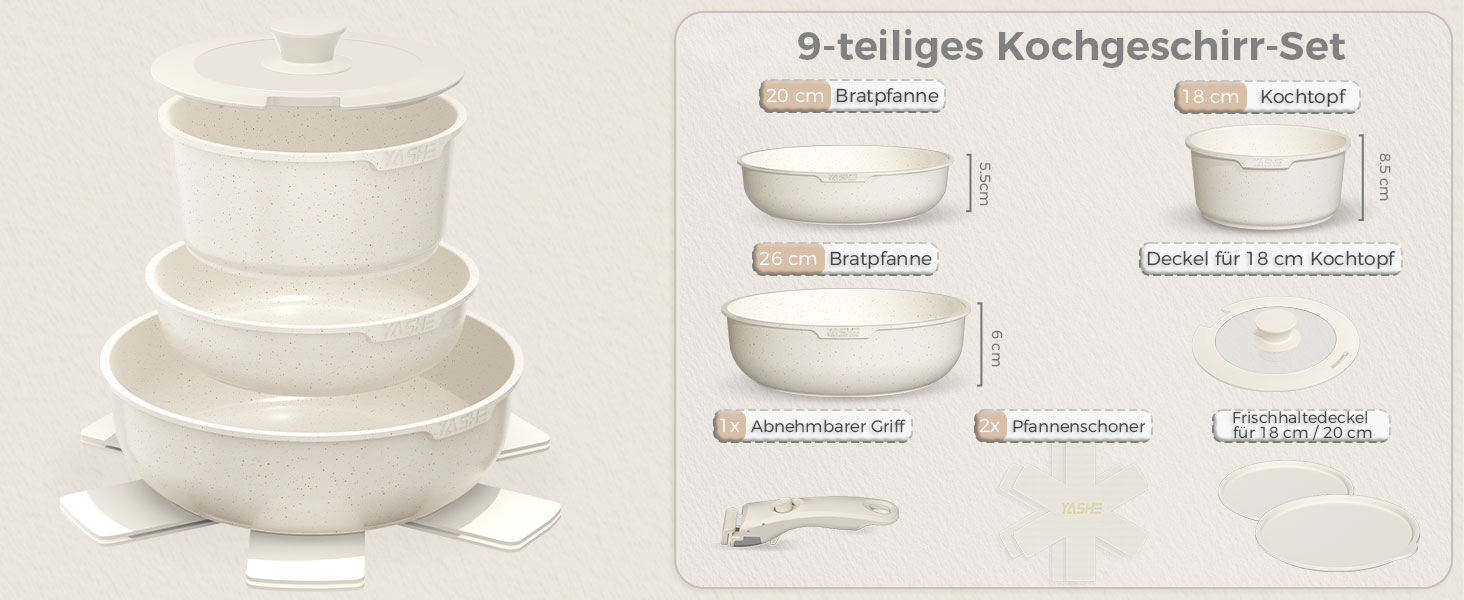 Набір каструль та сковорідок YASHE 9 шт. з антипригарним покриттям, білий, для всіх плит, сталевий, знімний ручка, сумісний з духовкою, економія місця