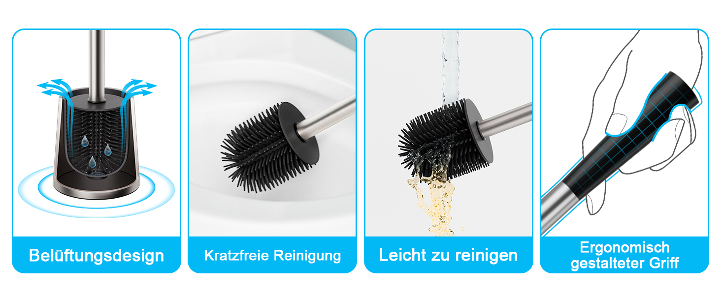 Набір для чищення унітазу FUNPALA з нержавіючої сталі та силікону, 2 насадки, ручка-тримач, сріблястий