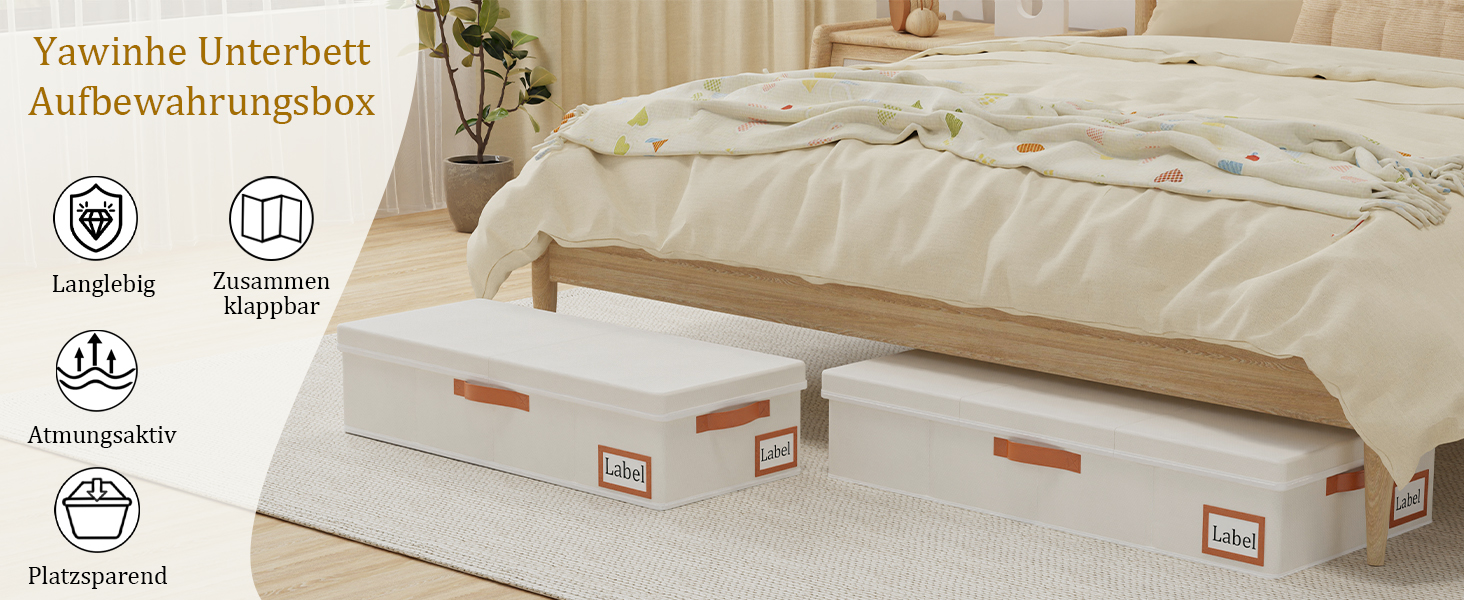 Yawinhe 2 Pack Under Bed Storage Drawers, Clothes Storage with Lid, Foldable Storage Bag with Handles, for Bedding, Blankets, Clothes, 60x30x15cm, Beige