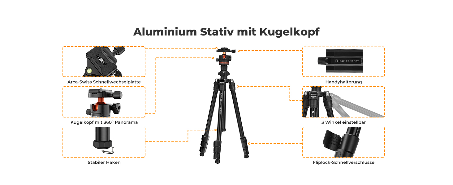 Штатив K&F Concept 152 см з карбону, легкий трипод з гнучким кульковим голівкою 360°, 1/4'' гвинт, чохол для DSLR камери A225C0+BH-25L (178 см, 8 кг, з тримачем для телефону)