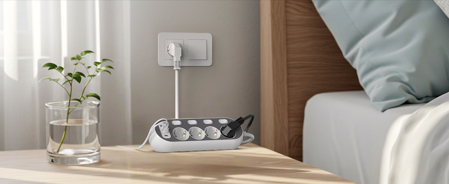 Мережевий фільтр з USB, індивідуальне вмикання розеток, 4 розетки, 2 USB-C, 8 в 1 з вимикачем, адаптер з кабелем 1,5м для кухні, дому, офісу